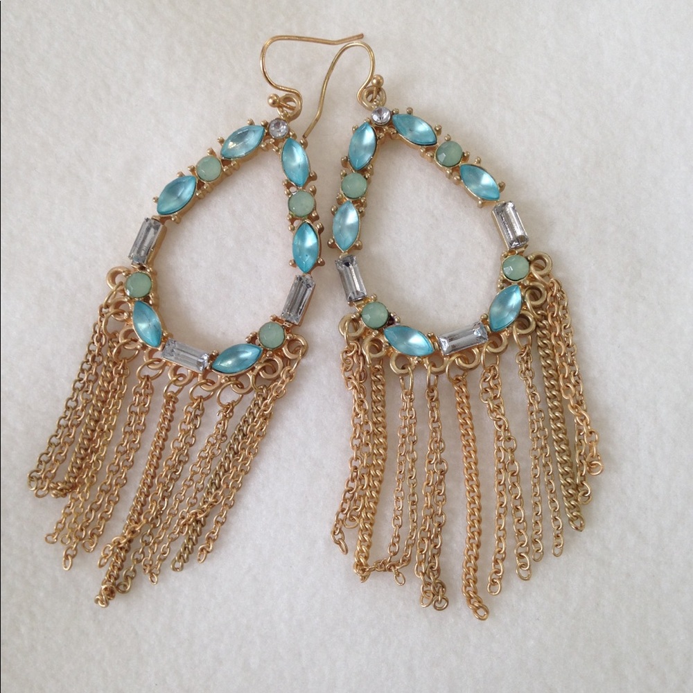 NEW Dangling Chains Earrings Turquoise Dazzling Jeweled Blue Crystals Goldtone - Picture 5 of 10